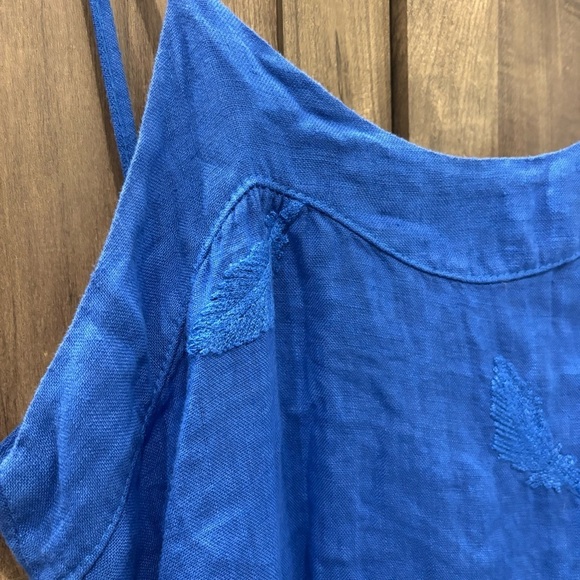 Pure Lino Linen Italy Dress Spaghetti straps blue embroidered - Picture 4 of 11